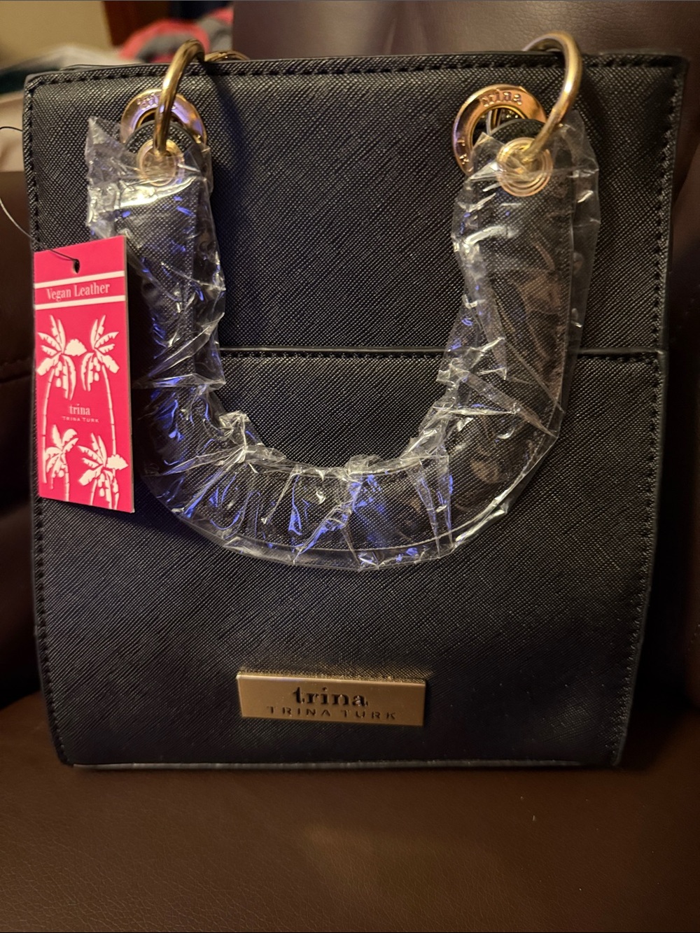 Trina Turk Black Vegan Leather Satchel with Gold-Tone Hardware